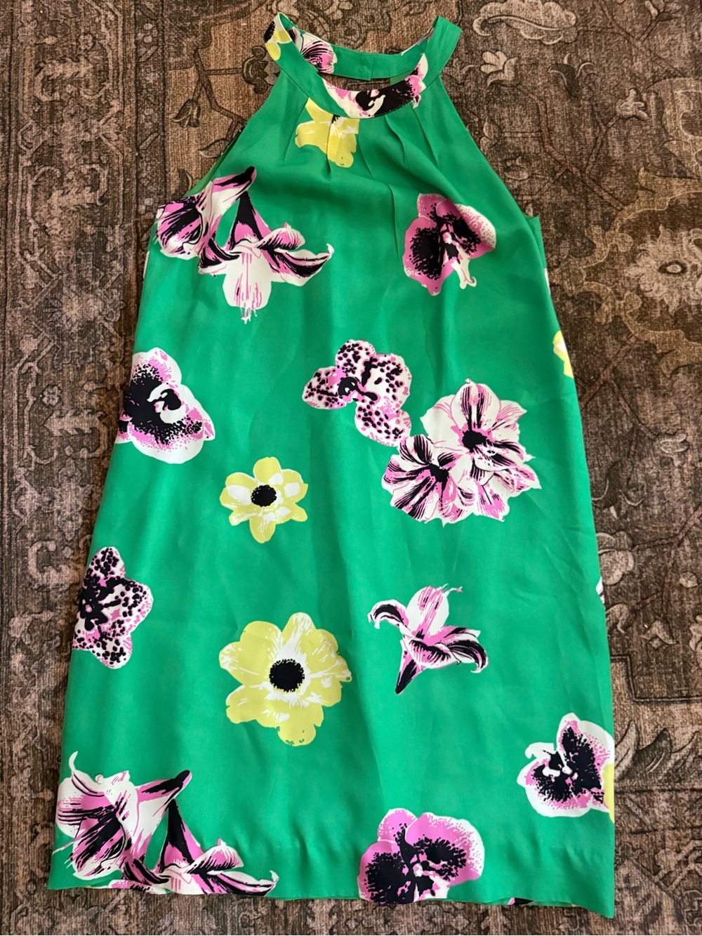 J. Crew Green Floral Dress with Pink and Yellow Accents